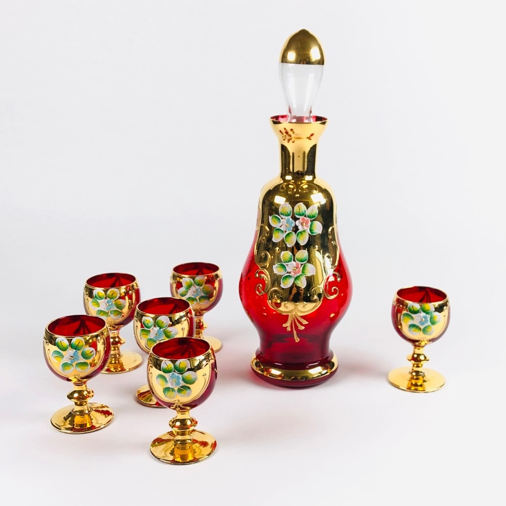 Vintage Red & Gold Glass Decanter and Shot Glass Set